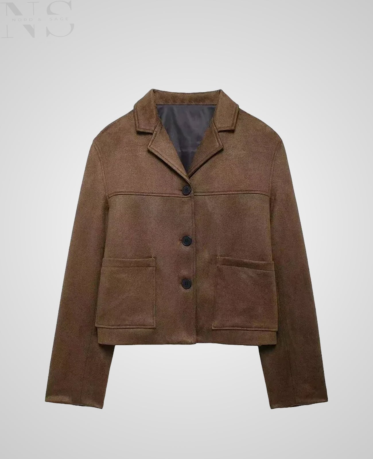 Nord & Sage – Retro-Braune Kurzjacke mit Umlegekragen & Knopfleiste (Herbst/Winter)